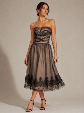 🩷David's Bridal Taupe Strapless Dress with Black Lace